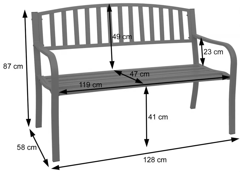 Záhradná lavička F43 2-miestna - práškovaná oceľ, 128 cm - Sivá