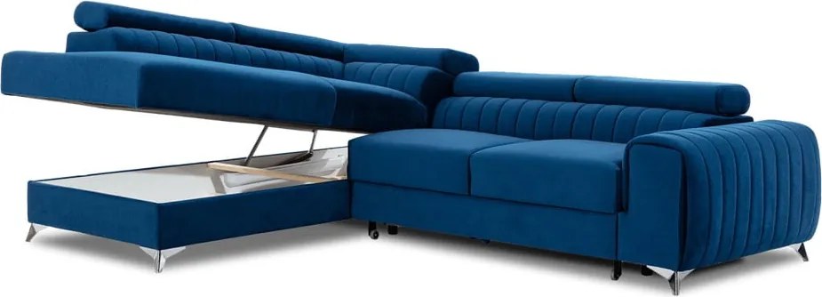 Modrá zamatová rozkladacia/s úložným priestorom rohová pohovka (ľavý roh/do L) Laurence – ELTAP