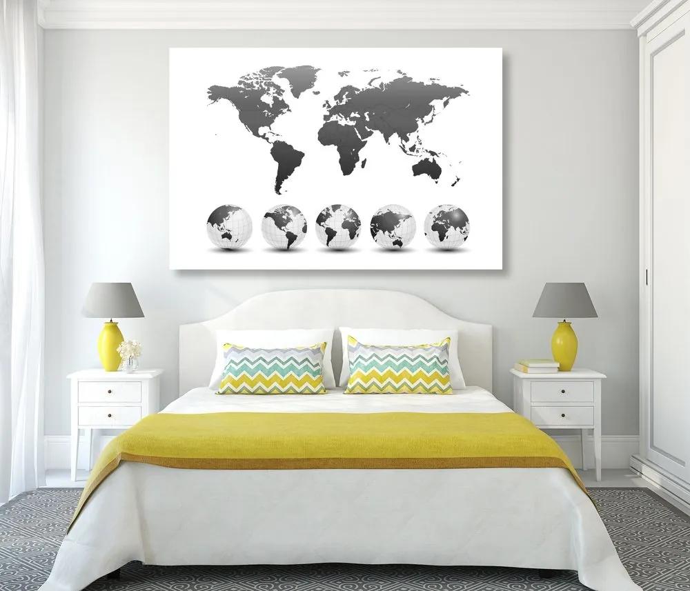 Obraz glóbusy s mapou sveta v čiernobielom prevedení - 90x60