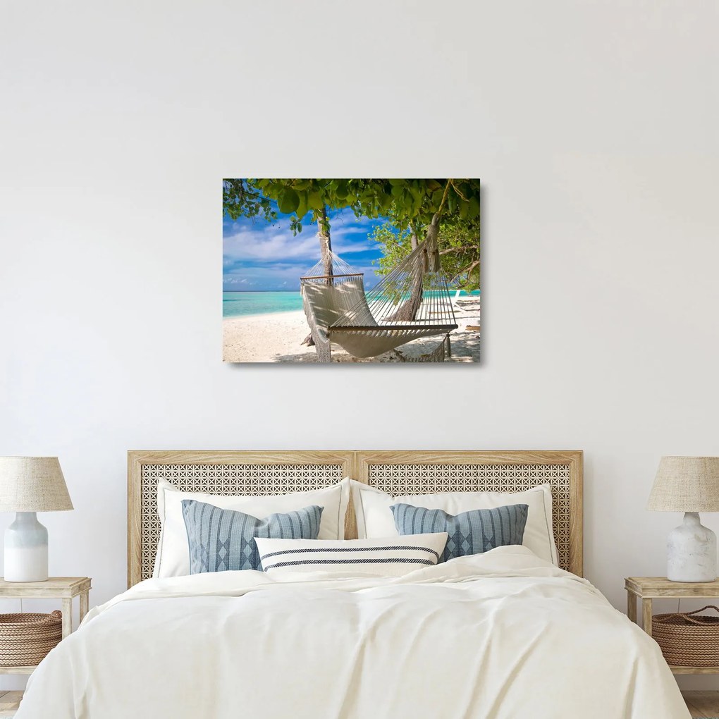 Sklenený obraz - Hojdacia sieť na pláži (70x50 cm)