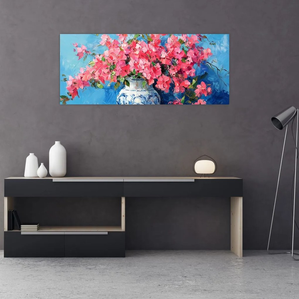 Obraz - Váza ružových kvetov (120x50 cm)