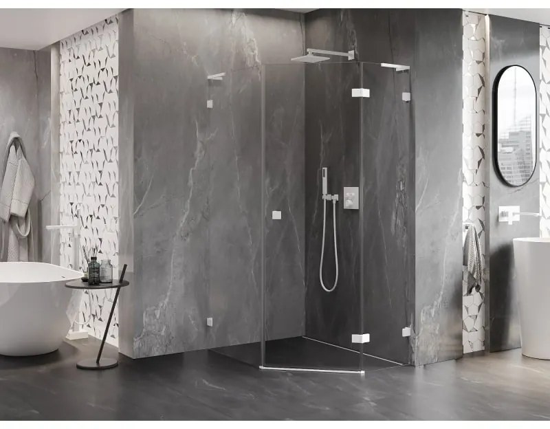 Mexen Lunar, L pravý výklopný päťuholníkový sprchový kút 80 x 90 cm, 8mm číre sklo, biely profil, 831L-080P-090L-20-00-P