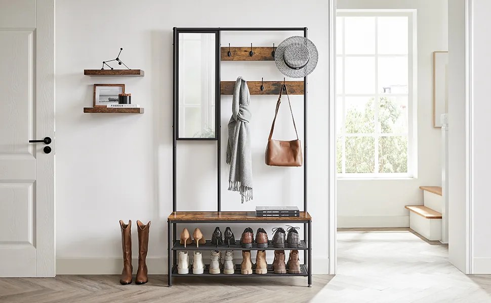 Predsieňový vešiak s botníkom a zrkadlom Vasagle Pagas hnedý/čierny