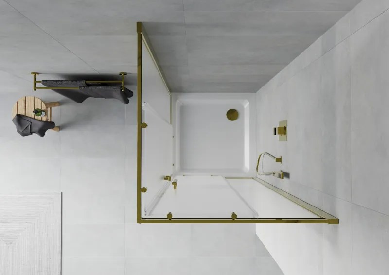 Mexen Rio, štvorcový sprchovací kút s posuvnými dverami 70(dvere) x 70(dvere) x 190 cm, 6mm sklo námraza, zlatý profil + biela sprchová vanička SLIM, 860-070-070-50-30-4010G