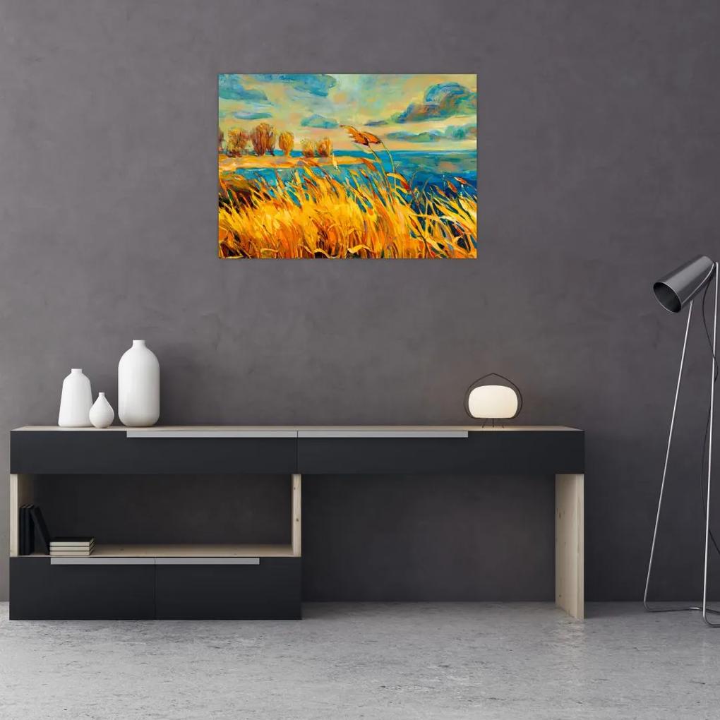 Sklenený obraz - Západajúce slnko nad jazerom, akrylová maľba (70x50 cm)