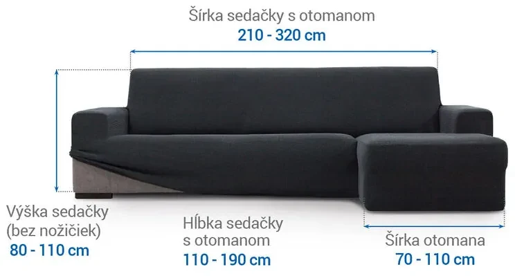 Super strečové poťahy HARMONIA antracitová sedačka s otomanom vpravo (š. 210 - 320 cm)