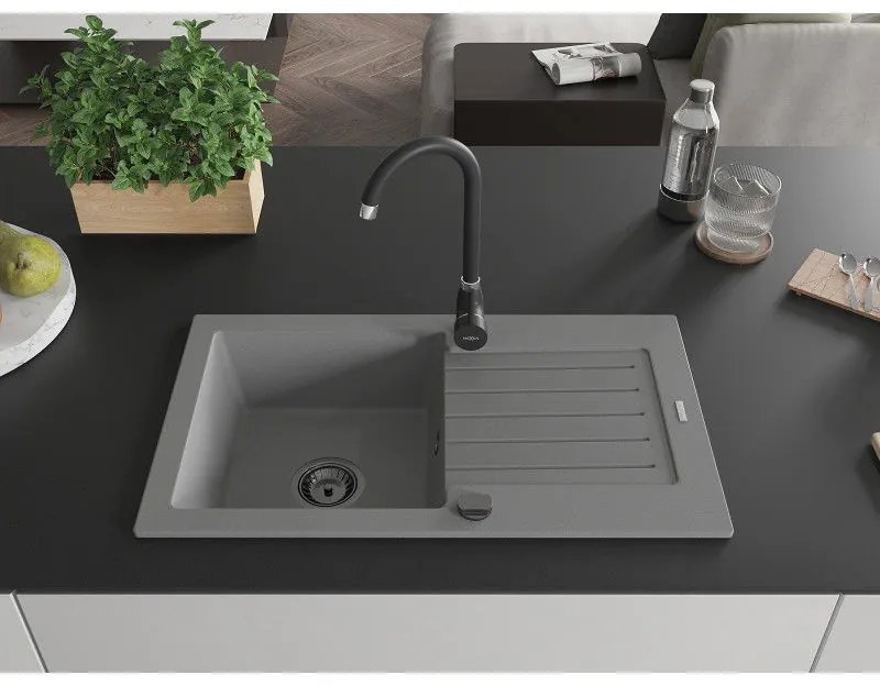 Mexen Pablo, granitový drez 752x436x161 mm, 1-komorový a čierna batéria Telma, šedá, 6510-71-670200-70-B