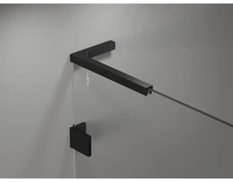 Mexen Lunar, L päťuholníkový sprchový kút naklápací doľava 90 x 80 cm, 8mm číre sklo, čierny profil, 831L-090L-080P-70-00-L