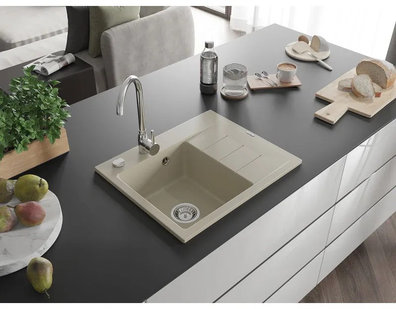 Mexen Ben, 1-komorový granitový drez 600x500x190 mm, ľavý+ chrómový sifón, béžová, 6522605000-69
