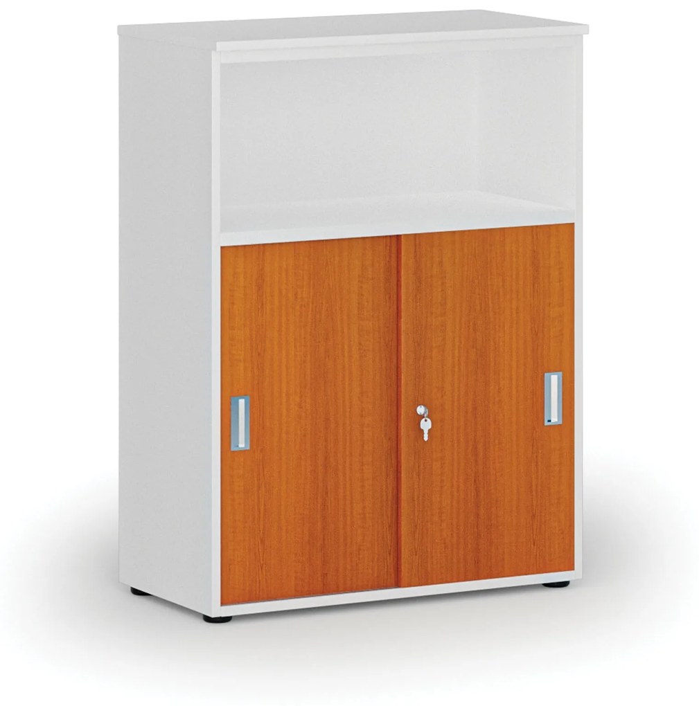 Kombinovaná kancelárska skriňa so zásuvnými dverami PRIMO WHITE, 1087 x 800 x 420 mm, biela/čerešňa