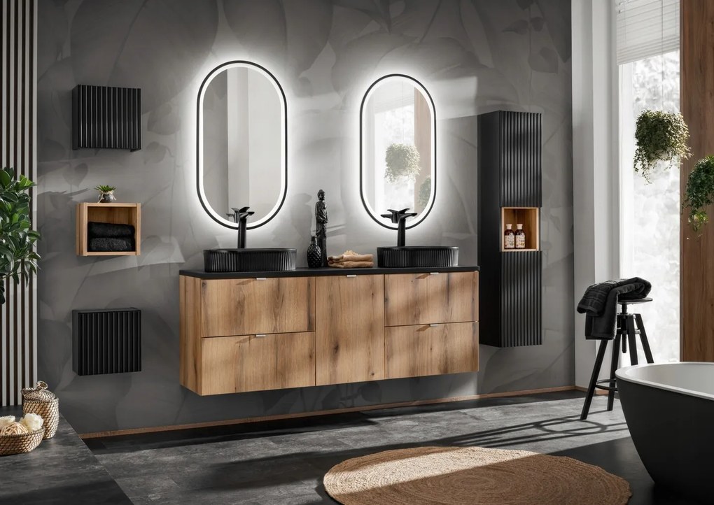 Závěsná skříňka pod umyvadlo Nova Oak s deskou 100 cm černá/dub evoke