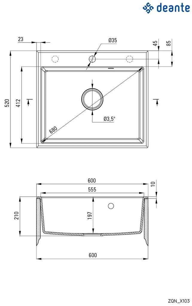 Deante Andante, granitový drez 600x520x210 mm + priestorovo úsporný sifón, 1-komorový, piesková, ZQN_7103