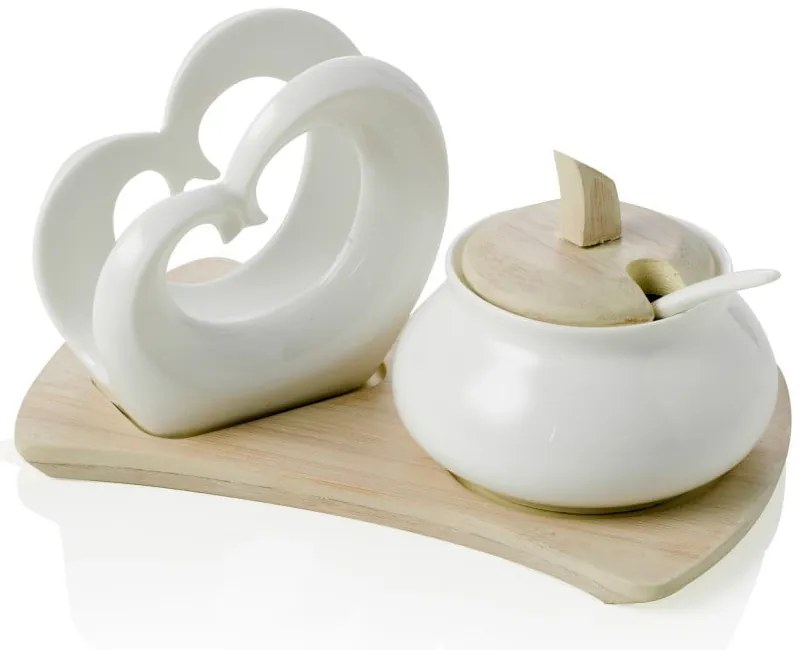 Sada cukorničky a držiaka na obrúsky z porcelánu a bambusu Brandani Double Heart