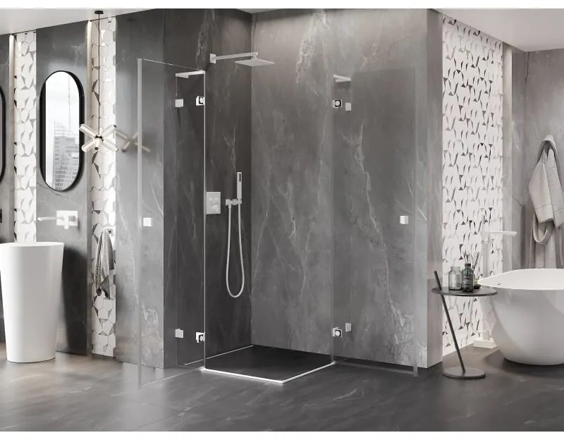 Mexen Lunar, L Duo výklopný sprchový kút 90 x 90 cm, 8mm číre sklo, biely profil, 834L-090L-090P-20-00