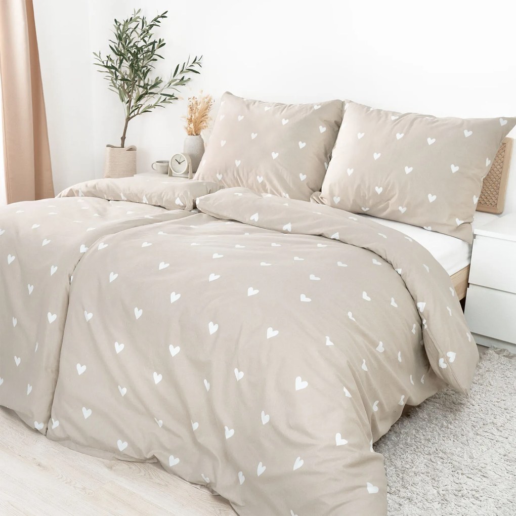 Goldea flanelové posteľné obliečky - srdiečka na latte 200 x 200 a 2ks 70 x 90 cm