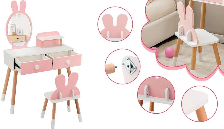 Zajačikovský detský toaletný stolík so zrkadlom a stoličkou