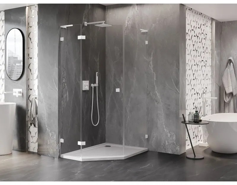 Mexen Lunar, L päťuholníkový sprchový kút naklápací doľava 80 x 100 cm, 8mm číre sklo, biely profil, 831L-080L-100P-20-00-L