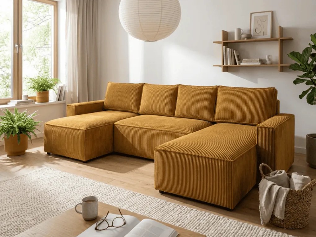 Horčicová sedacia súprava do U SMART COSARO 295x140 cm