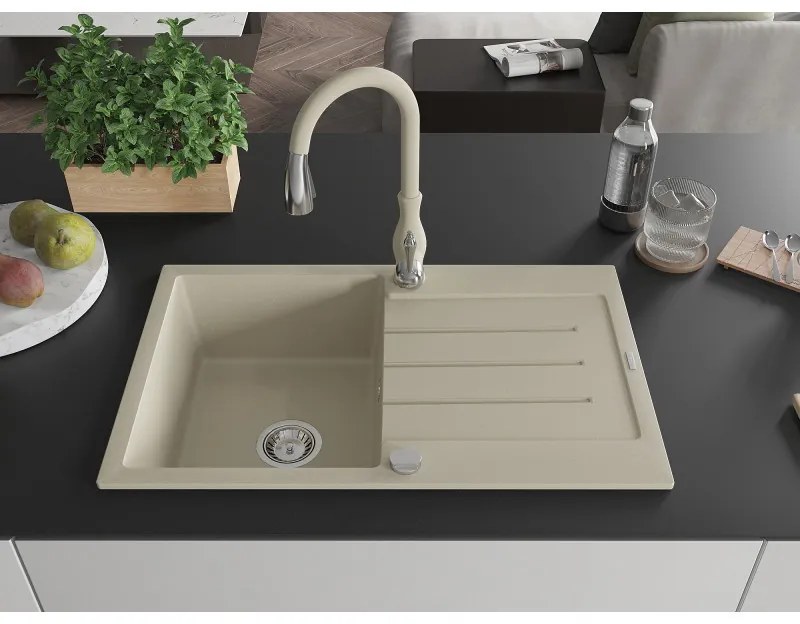 Mexen Bruno, 1-komorový granitový drez 795x495x200 mm a drezová batéria Savita, béžová, 6513-69-672601-69