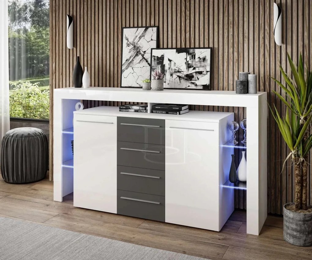 KOMODA ELIS LED BIELA ŠEDÉ ŠUPLÍKY VYSOKÝ LESK 170 cm