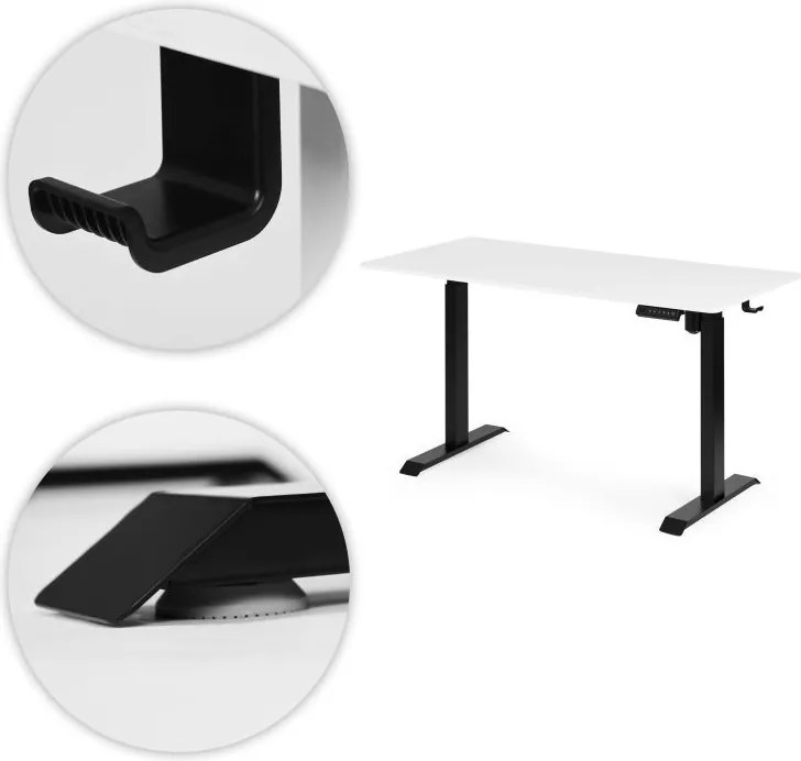 Elektrický nastaviteľný stôl 140 x 70 cm, nastaviteľná výška 76-121cm, biely s čiernymi nohami