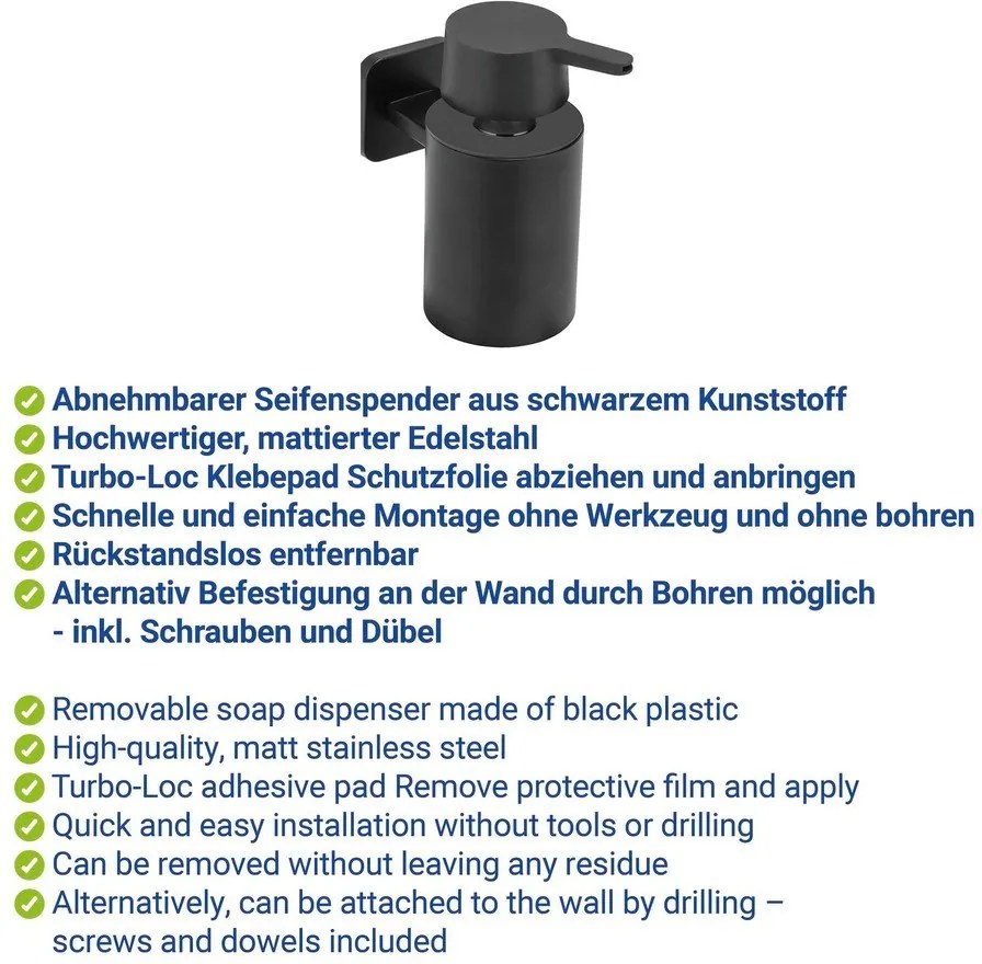 Matne čierny dávkovač mydla bez vŕtania Turbo-loc z nehrdzavejúcej ocele Porto – Wenko