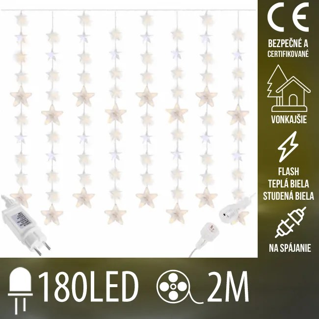 Vianočná led svetelná záclona na spájanie vonkajšia flash - hviezdy - 180led - 2m teplá biela/studená biela