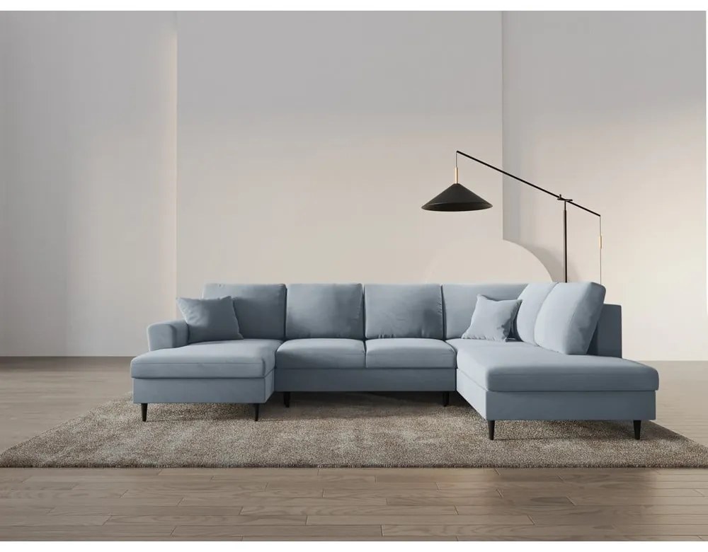 Svetlomodrá zamatová rozkladacia/s úložným priestorom rohová pohovka (pravý roh/do "U") Kyoto – Cosmopolitan Design