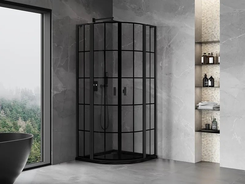 Mexen Mist L, štvrťkruhový sprchový kút s 2-krídlovými dverami, 100 x 100 cm, 8mm číre sklo, čierny profil, 8A32L-100-100-70-77