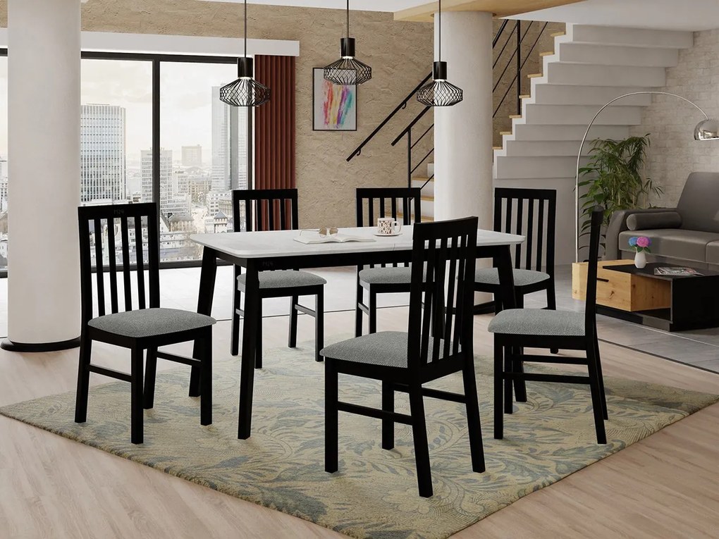 Rozkladací stôl so 6 stoličkami AL16, Morenie: biela, Poťahové látky: 26x - Kronos 22, Farby nožičiek: čierna