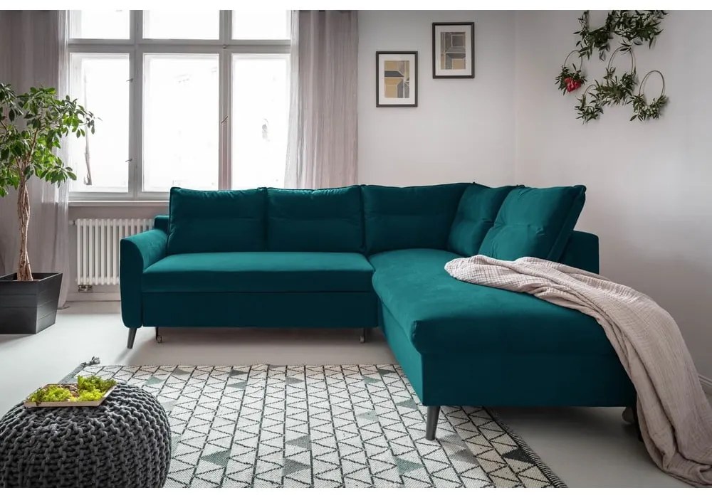 Tyrkysovomodrá zamatová rozkladacia rohová pohovka Miuform Stylish Stan L, pravý roh