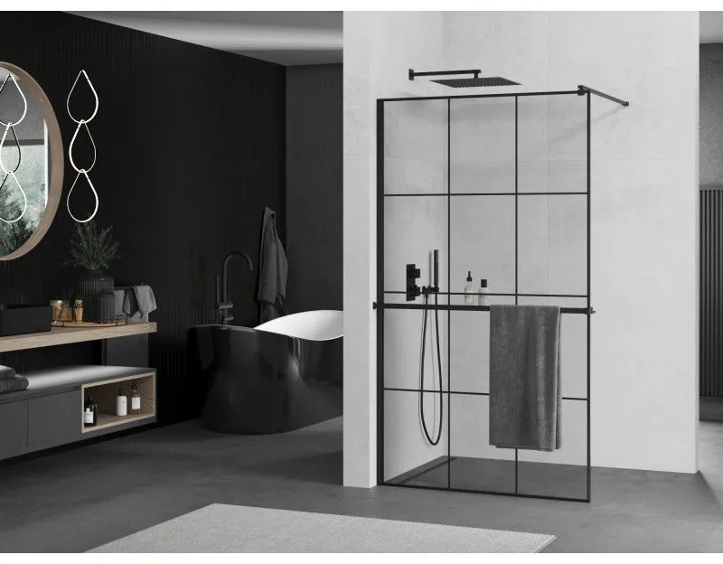 Mexen Kioto+, sprchová zástena s poličkou a držiakom na uteráky 110 x 200 cm, 8mm sklo číre sklo vzor čierny, čierny profil, 800-110-121-70-77