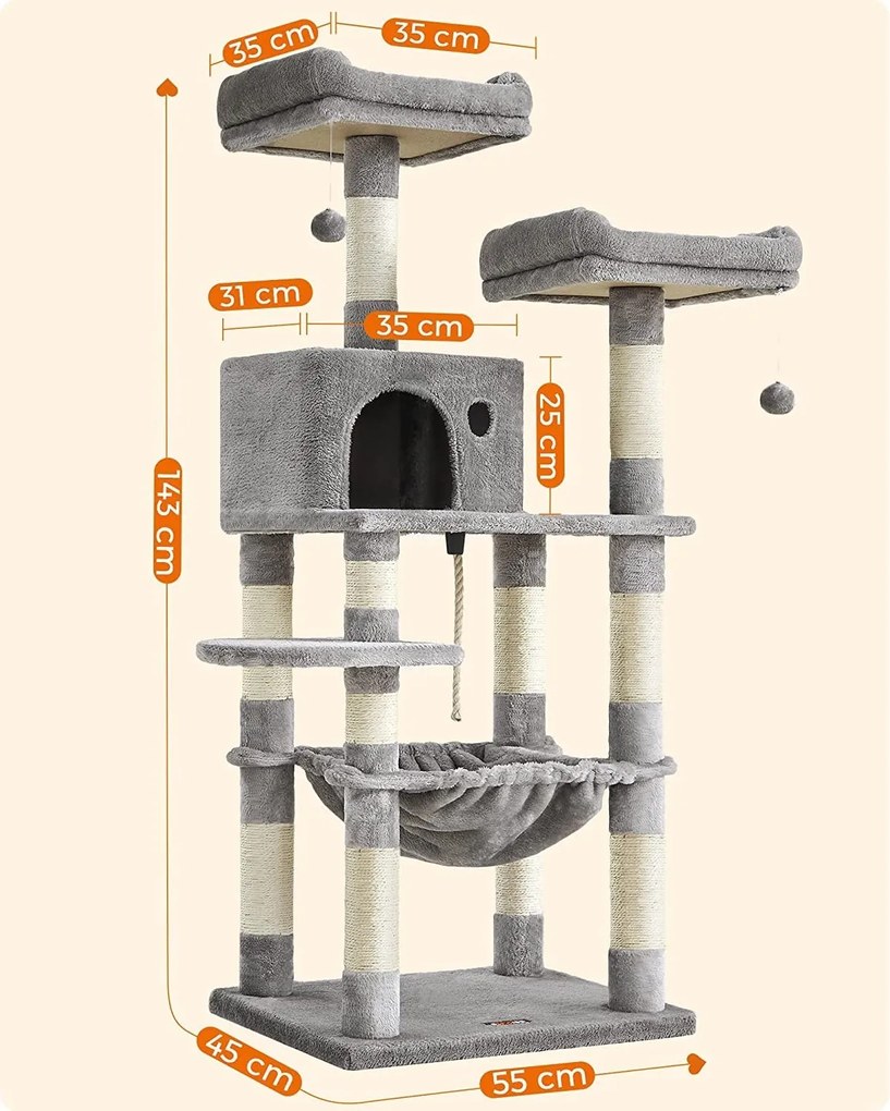 Stabilný mačací strom, s jaskyňou, 143 cm, svetlošedý
