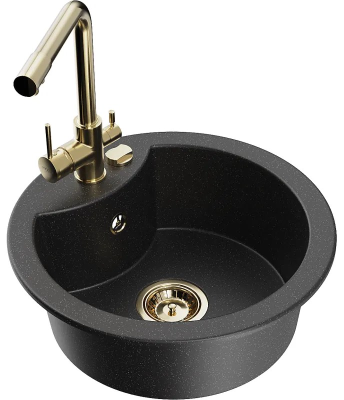 Mexen Diego, 1-komorový granitový drez 488x488x167 mm, zlatá batéria Duero, čierna - strieborná metalíza, 6512-73-671600-50
