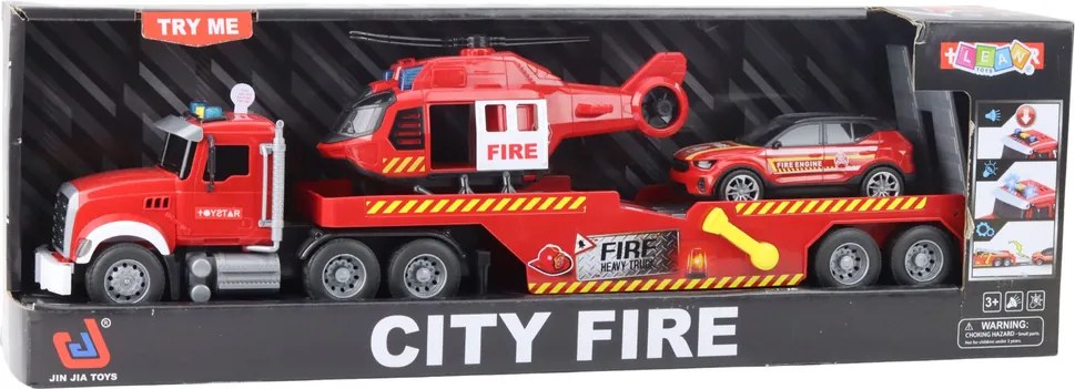 LEAN Toys Hasičský karavan Vrtuľník Svetlá auta Zvuky Červená