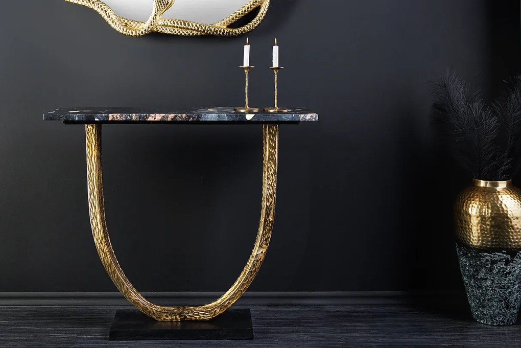Konzola OMEGA 80cm mramorová čierna so zlatým rámom ručne vyrobená