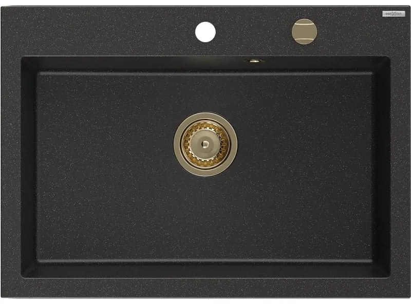 Mexen Elix, 1-korový granitový drez 700 x 500 mm, čierna/strieborná metalíza, zlatý sifón, 6526701005-73-G