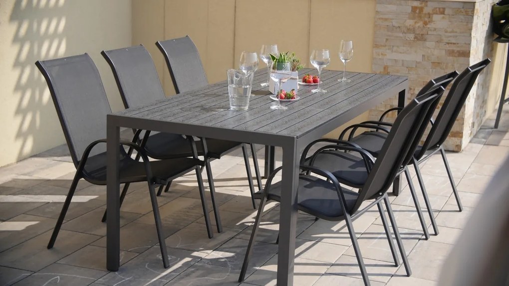 TEXIM Záhradná jedálenská zostava - stôl VIKING XL + 6x stolička RAMADA, hliník + umelé drevo / oceľ + textil