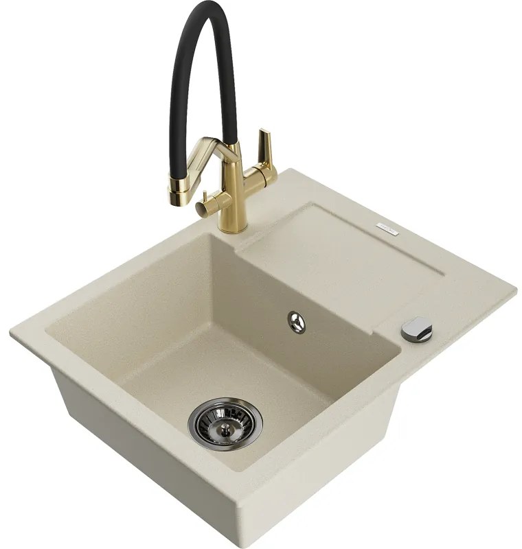 Mexen Enzo, granitový drez 576x465x174 mm, 1-komorový a drezová batéria Duo, béžová, 6506-69-671701-57-B