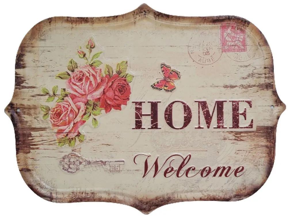 Nástenná kovová ceduľa s ružami Welcome Home - 33*25 cm
