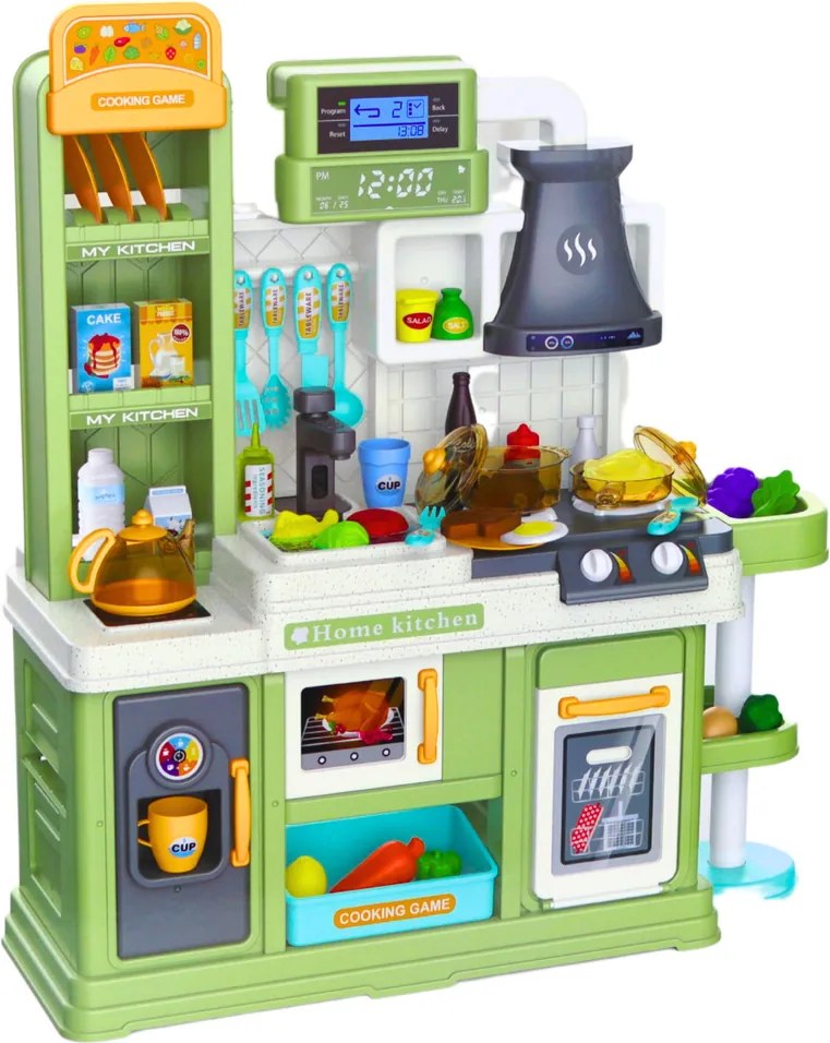 LEAN Toys Detská kuchynka s cirkuláciou vody, zmenou farby jedla a parou, zelená, 64 ks
