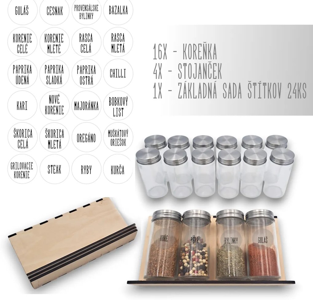 Orion Sada 16ks koreničiek PIMEN 80ml + 4ks organizér na koreničky VASKY (nízky) + sada 24ks štítkov