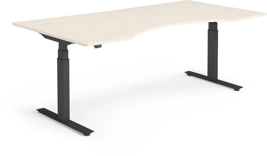 Výškovo nastaviteľný stôl Modulus, vykrojený, 2000x1000 mm, čierna / breza