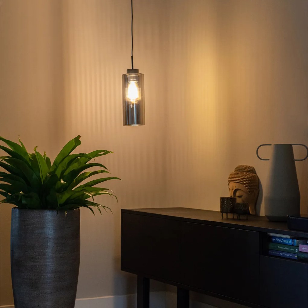 Art Deco závesné svietidlo čierne s dymovým sklom - Laura