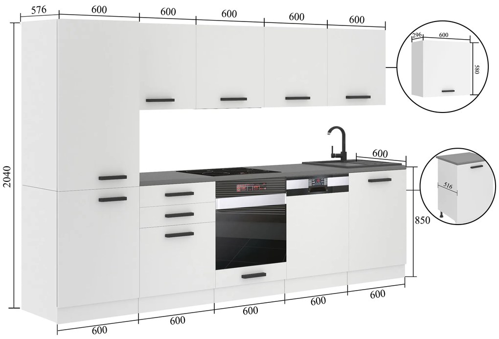 Kuchynská linka Belini Premium Full Version 300 cm šedý antracit Glamour Wood s pracovnou doskou ROSE