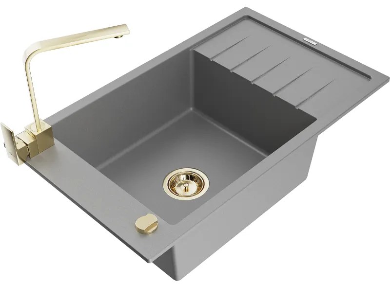 Mexen Elias, granitový drez granitový 795x480x200 mm, 1-komorový, šedá so zlatým sifónom a zlatá drezová batéria Rita, 6511-71-670300-50
