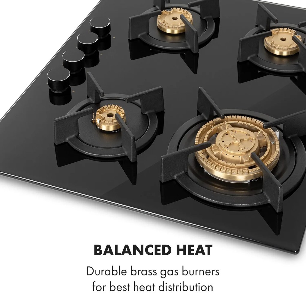 Klarstein Goldflame 4, plynová varná doska, 4 mosadzné horáky, sklokeramika