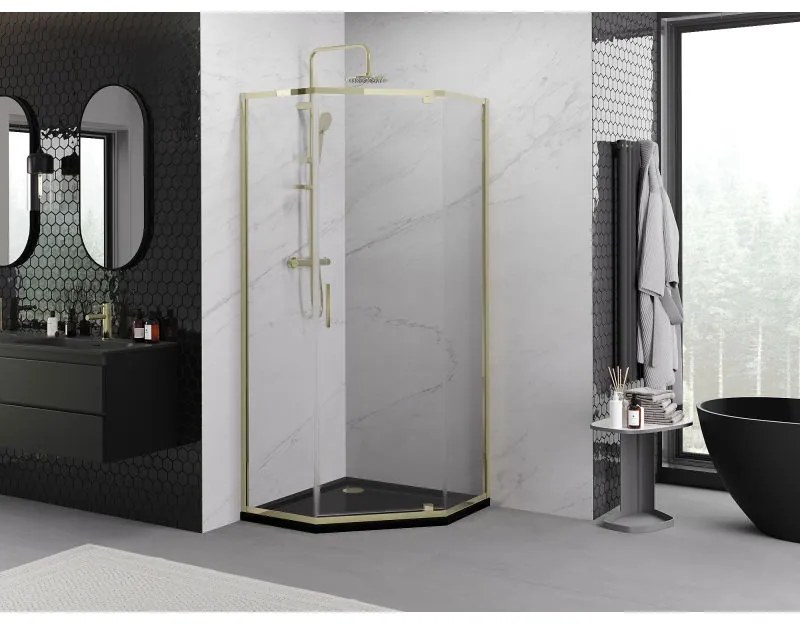 Mexen Exo, päťuholníkový výklopný sprchový kút 90 x 90 cm, číre sklo, zlatá, 812-090-090-50-00