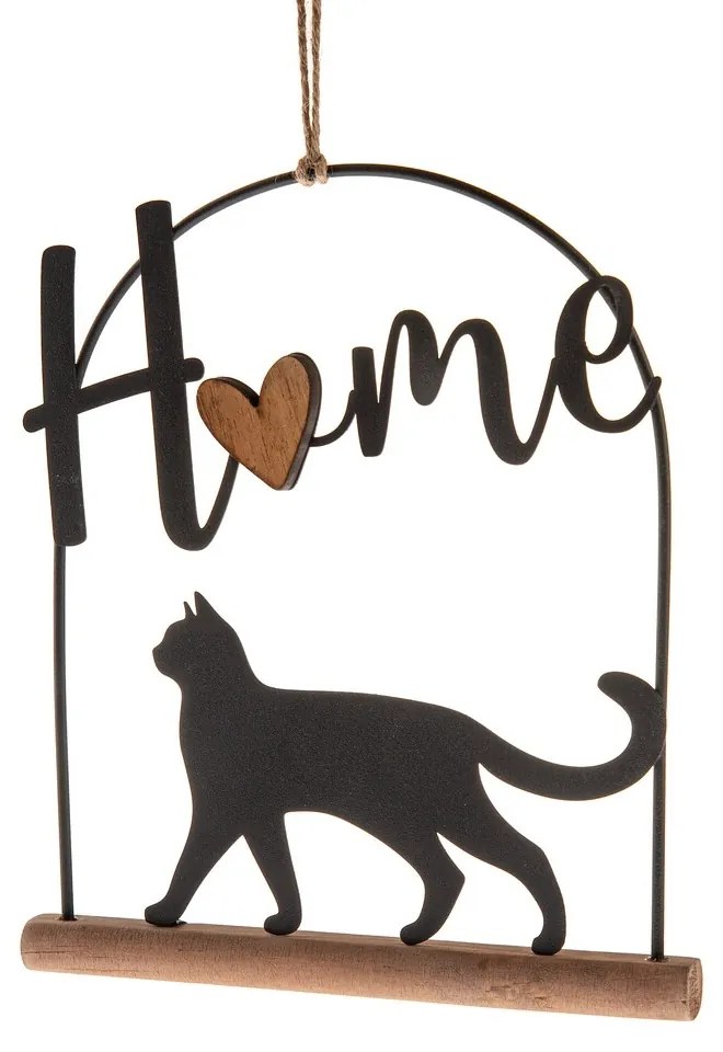 Kovová závesná dekorácia na drevenom základe Mačka, 16 x 18 cm