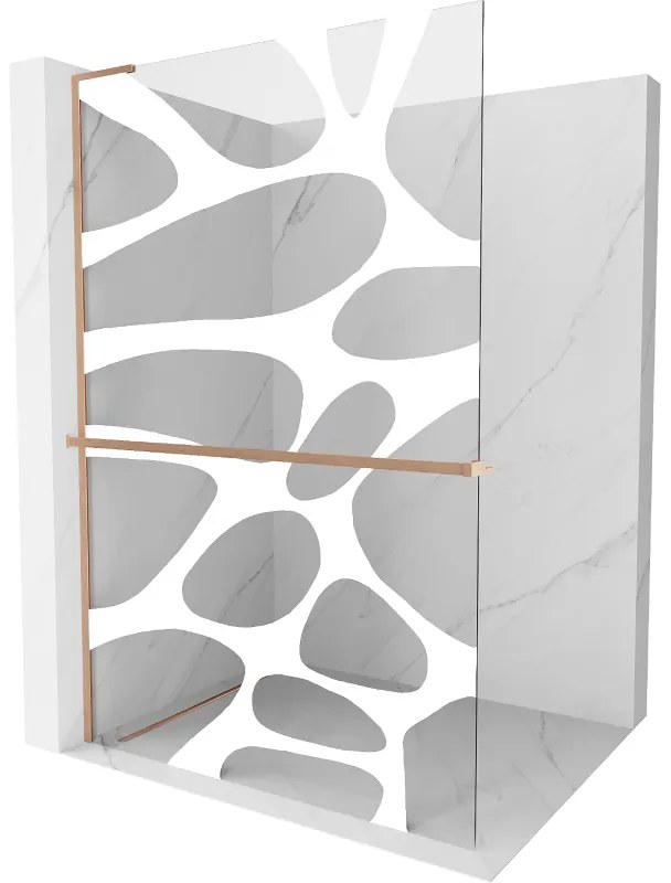 Mexen Kioto+ L, sprchová zástena Walk-In s poličkou a vešiakom 90 x 200 cm, 8mm číre sklo biely vzor, medený matný profil, 800-090-123-65-97